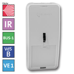 Bild eines weißen Telenot-Geräts mit Symbolen für Infrarot, BUS-1, VdS Klasse B und VE1.