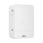 Ein weißes, rechteckiges Gehäuse mit aufklappbarer Front und dem Schriftzug „Axis Communications“.