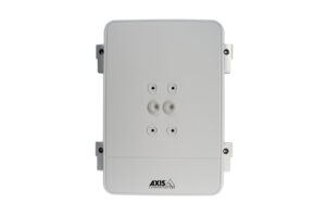 Ein weißes technisches Gerät von Axis Communications mit mehreren Öffnungen auf der Vorderseite.
