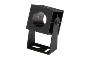 Schwarze, verstellbare Kamerahalterung aus Metall mit quadratischer Form und Schwenkgelenk.
