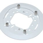 Weiße, runde Halterung mit mehreren Montagelöchern und vier erhöhten Befestigungspunkten aus Metall.