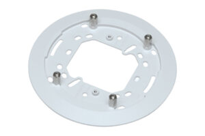 Weiße, runde Halterung mit mehreren Montagelöchern und vier erhöhten Befestigungspunkten aus Metall.