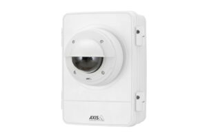 Weiße Überwachungskamera mit Kuppeldesign und transparentem Gehäuse von Axis Communications.