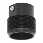 Schwarzes Kunststoff-Gewindeteil mit Schraube an der Seite.