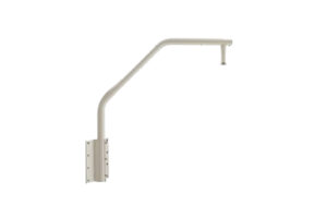 Eine weiße Halterung mit gebogenem Arm zur Wandmontage.