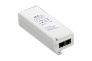 Ein weißes Netzwerkgerät mit zwei Ethernet-Anschlüssen und einem Etikett mit technischen Informationen auf der Oberseite.