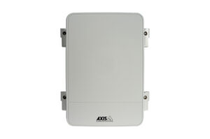 Ein rechteckiges, graues Gerät mit dem Logo "Axis Communications" unten, das an den Seiten mit Schrauben befestigt werden kann.