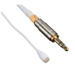 Ein kleines weißes Lavaliermikrofon mit einem goldenen Klinkenstecker.