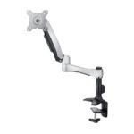 Monitorhalterung aus silberfarbenem Metall mit beweglichem Arm und Tischklemme.