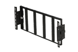 Schwarze, rechteckige Metallhalterung mit beweglichen Teilen und mehreren vertikalen und horizontalen Streben.