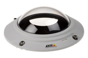 Eine halbkugelförmige Überwachungskameraabdeckung mit dem Logo "Axis Communications".