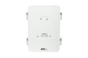 Ein rechteckiges, weißes Gerät mit dem Logo "AXIS Communications" auf der Vorderseite.