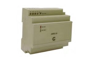 Ein elektrisches Gerät namens "AMRS-24" in einem Kunststoffgehäuse mit LED-Anzeigen für "DC LO" und "DC ON".