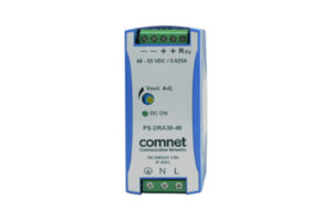 Ein Schaltnetzteil PS-DRA30-48 von ComNet mit Angaben zu Spannung, Stromstärke und Anschlüssen.