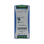 Elektronisches Gerät mit der Aufschrift „Comnet PS-DRA60-48“, ein Stromversorgungsteil mit 48-55 VDC bei 1,25 A, Anschlüsse oben und unten sichtbar.