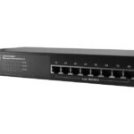 Ein schwarzer, verwalteter Ethernet-Switch von Comnet mit acht Ethernet-Ports auf der Vorderseite.