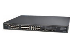 Ein schwarzer Netzwerk-Switch mit mehreren Ethernet-Ports auf der Vorderseite.