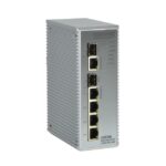 Ein silberner, industrieller 5-Port-Gigabit-Ethernet-Switch von ComNet mit rechteckigem Gehäuse und mehreren Ethernet-Anschlüssen auf der Vorderseite.