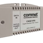 Ein grauer Gigabit Industrial PoE+ Injector von Comnet mit Beschriftung „CNGE1IPS“ und Anschlüssen für „DATA IN“ und „DATA & POWER OUT“.