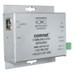 Metallisches Gehäuse eines 48V-POE-Medienkonverters mit Netzwerkschnittstellen und Beschriftungen für COMNET Communication Networks.