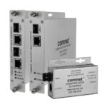 Drei silberne Medienkonverter von ComNet, mit Ports und Beschriftungen auf der Vorderseite.