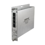 Ein silbernes Netzwerkgerät mit dem Logo von "comnet", vier Ethernet-Ports und LED-Anzeigen, beschriftet als "CNGFE4US 10/100/1000 4 PORT SWITCH".