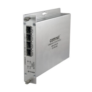 Ein silbernes Netzwerkgerät mit dem Logo von "comnet", vier Ethernet-Ports und LED-Anzeigen, beschriftet als "CNGFE4US 10/100/1000 4 PORT SWITCH".