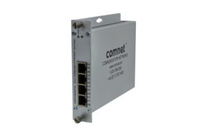 Ein Ethernet-Switch von ComNet mit mehreren Anschlüssen und Beschriftungen, in einem Metallgehäuse.