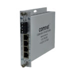 Ein silberner Netzwerk-Switch der Marke Comnet mit mehreren Ethernet-Anschlüssen und einem optischen Anschluss auf der Vorderseite.