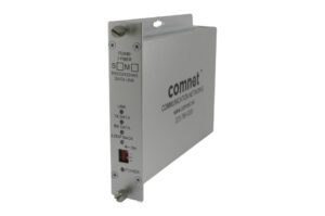 Ein silbernes Kommunikationsnetzwerkgerät mit der Aufschrift "comnet" und technischen Spezifikationen für RS232/422/485-Datenverbindungen.