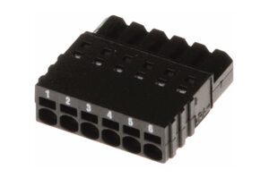 Schwarzer sechsfacher Stecker mit nummerierten Löchern von 1 bis 6.