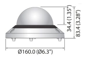 Illustration einer kuppelförmigen Struktur mit technischen Maßen: Höhe 83,4 mm (3,28 Zoll), Breite 160 mm (6,3 Zoll).