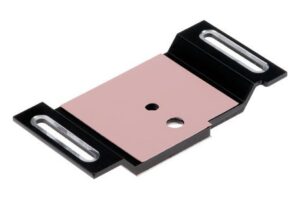 Kühlkörperbefestigung aus Metall mit rechteckiger Form, zwei ovalen Befestigungslöchern und einer zentralen Öffnung.
