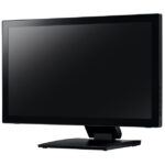 Ein schwarzer Flachbildschirm-Monitor mit rechteckigem Standfuß, leicht von der Seite betrachtet.