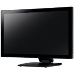 Ein schwarzer, moderner Computermonitor auf einem Standfuß mit einem dunklen Bildschirm.