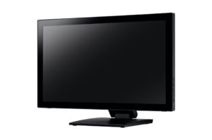 Ein schwarzer, moderner Computermonitor auf einem Standfuß mit einem dunklen Bildschirm.