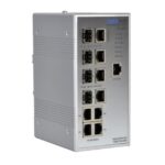 Ein industrieller Netzwerk-Switch mit mehreren Ethernet- und Glasfaser-Ports.