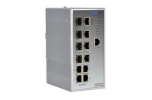 Ein industrieller Netzwerk-Switch mit mehreren Ethernet- und Glasfaser-Ports.