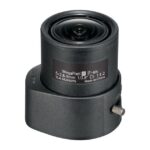 Ein schwarzes Kameraobjektiv mit Megapixel, P-Iris und IR-Funktionen, Brennweite 2,8-9 mm, auf weißem Hintergrund.