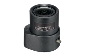 Ein schwarzes Kameraobjektiv mit Megapixel, P-Iris und IR-Funktionen, Brennweite 2,8-9 mm, auf weißem Hintergrund.