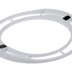 Weiße, runde Kunststoffhalterung mit mehreren Aussparungen und zwei schwarzen Pads.