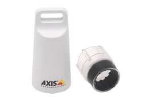 Weißes Kunststoffteil mit "AXIS Communications"-Logo und einem separaten zylinderförmigen Bauteil daneben.
