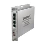 Ein silberner Netzwerk-Switch von ComNet mit vier Ethernet-Ports und LED-Anzeigen auf der Vorderseite.
