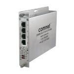Ein silbernes Netzwerkgerät von ComNet mit mehreren Ethernet-Ports und Beschriftungen auf der Oberfläche.