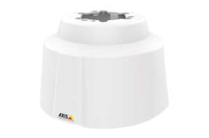 Ein weißer Montagedeckel mit der Aufschrift „AXIS Communications“.