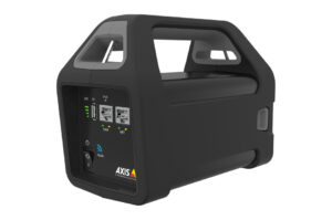 Ein tragbares Sicherheitsgerät von Axis Communications mit mehreren Anschlüssen und LED-Anzeigen.