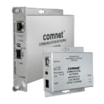 Zwei silberne Medienkonverter der Marke ComNet mit sichtbaren Anschlüssen und Beschriftungen.