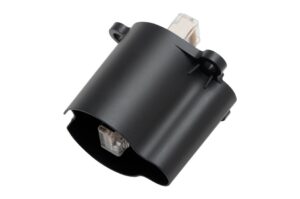 Schwarzes zylindrisches Bauteil mit integriertem RJ45-Stecker.