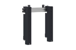Ein schwarzes, rechteckiges Metallgestell mit zwei vertikalen Stützen und einer horizontalen Verbindung oben.