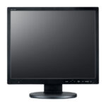 Ein schwarzer Computerbildschirm mit einem rechteckigen Bildschirm und einem runden Standfuß.